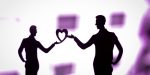 Gay LGBT wedding couple grooms holding hands with love heart shape dancing happy cake topper.
