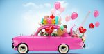 Pink car with symbols of love