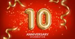 10th Anniversary celebration. Anniversary Celebrating text balloons with golden serpentine and confetti on red background. Birthday or wedding party event decoration. Illustration stock