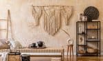 Interior design of boho living room. Oriental concept of home decor. Wabi sabi.