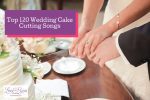 bride and groom's hands cutting cake with cake cutting songs music playing