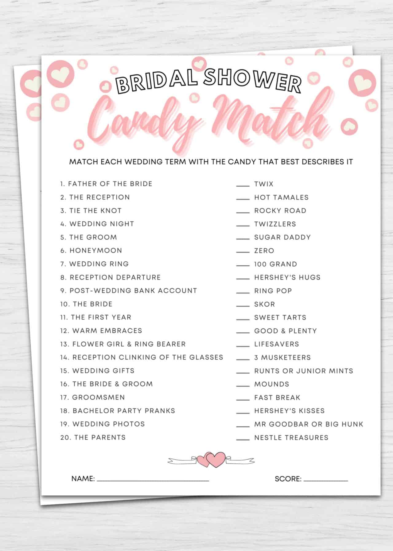 Candy Match Printable Bridal Shower Game