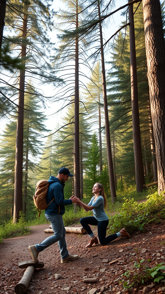 A person kneeling on a forest path, preparing to propose.