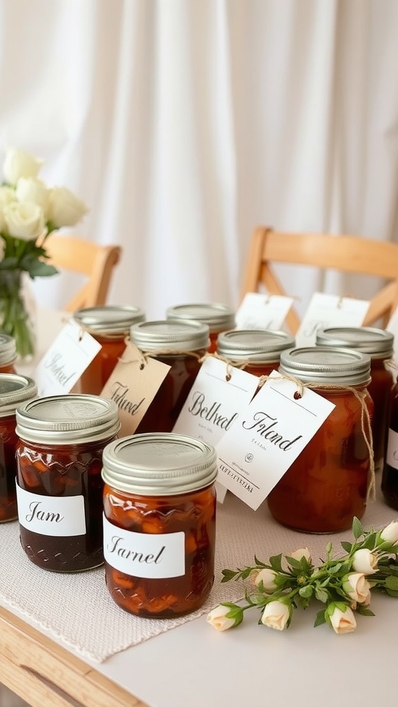 Homemade jars of jam and preserves displayed as wedding favors.