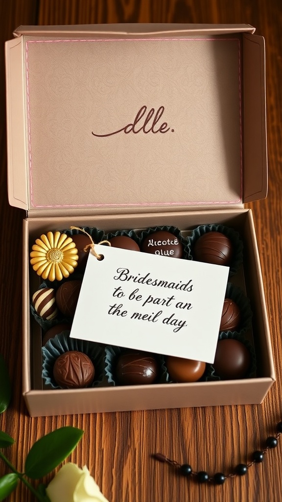 A box of artisan chocolates with a note for bridesmaids