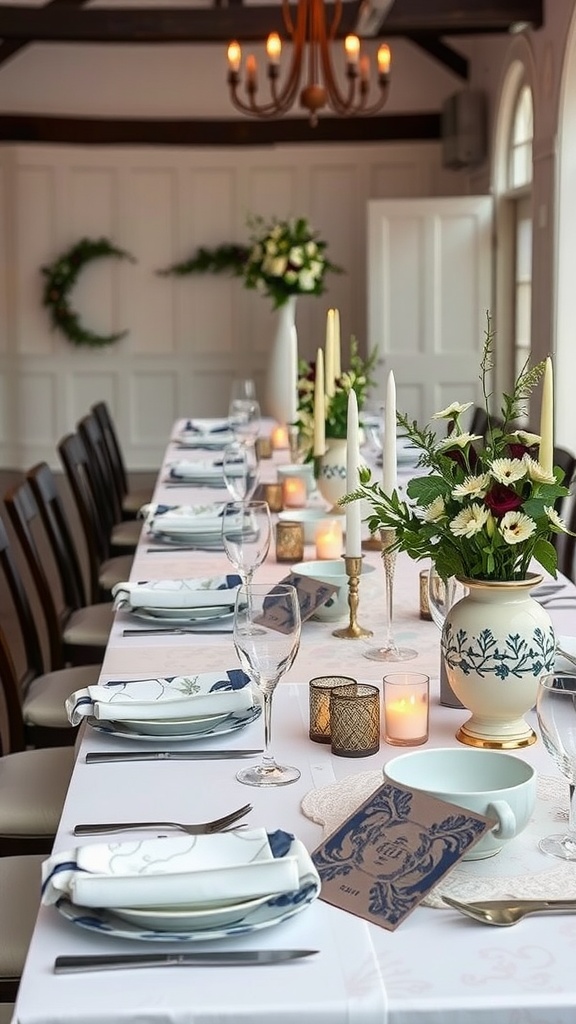 A beautifully decorated wedding table featuring artisan tableware with unique patterns, candles, and floral arrangements.