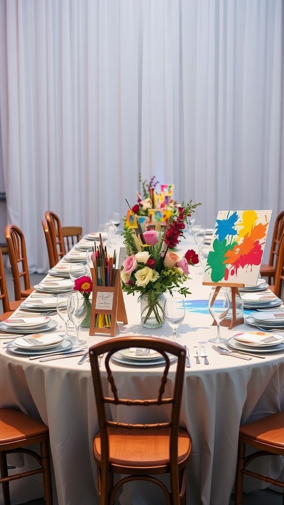 A wedding table decorated with paint brushes, colorful canvases, and fresh flowers, showcasing a creative and artistic theme.