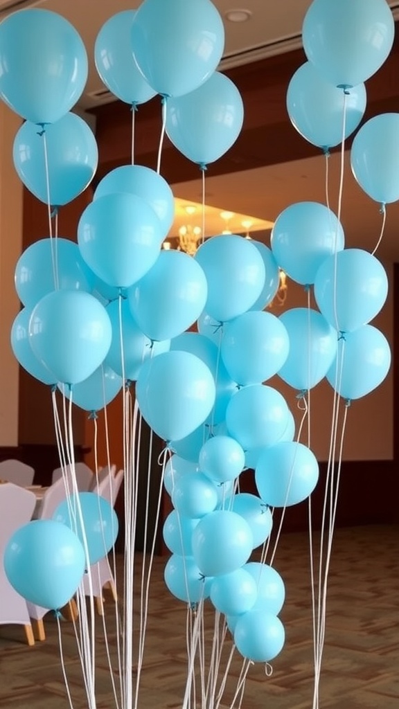 A collection of baby blue balloons in various sizes, creating a festive atmosphere.