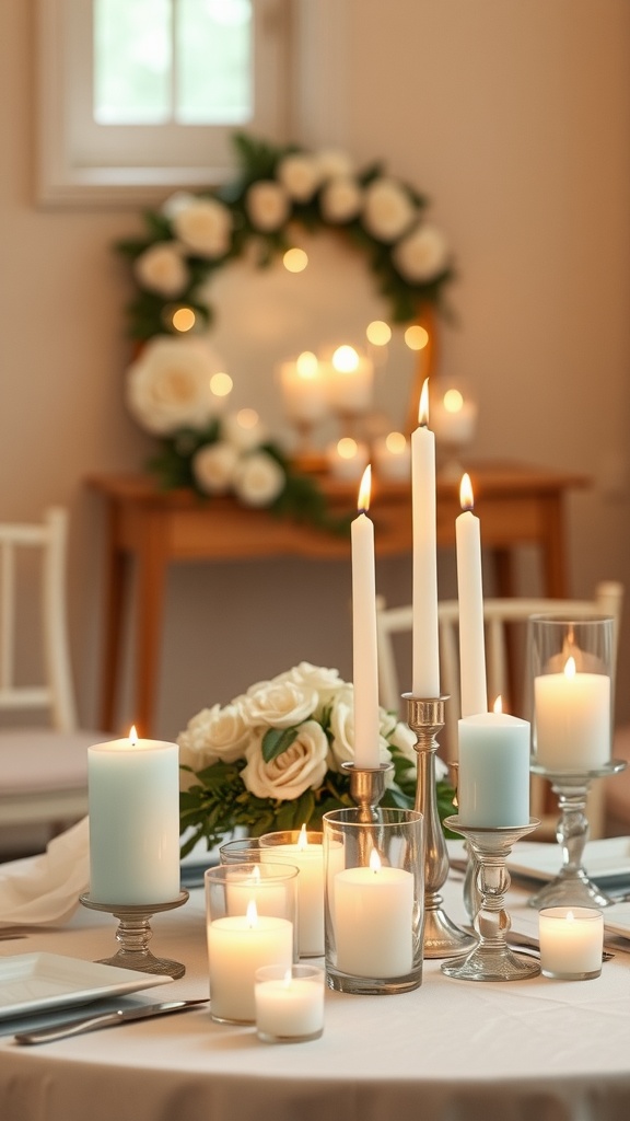 A beautifully arranged table with various candles and white roses, creating a serene atmosphere.