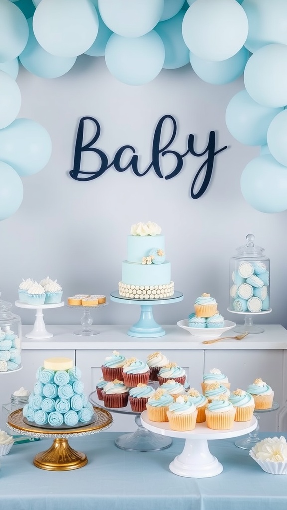 A beautifully arranged baby blue dessert table featuring cupcakes, a cake, and other sweet treats.