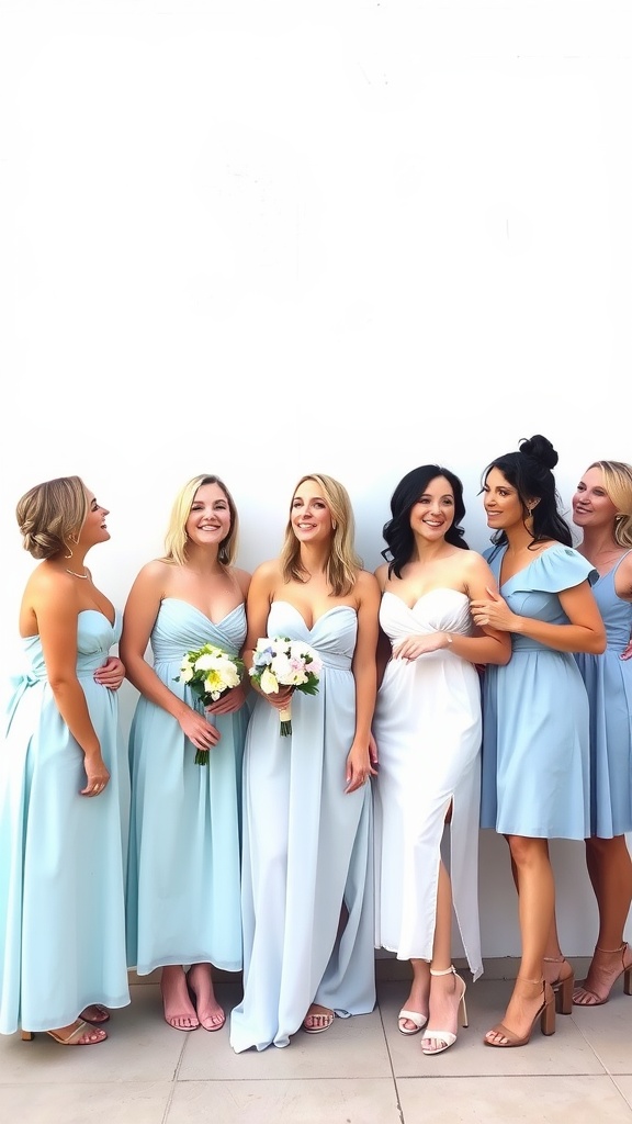 Group of women in baby blue dresses at a bridal shower