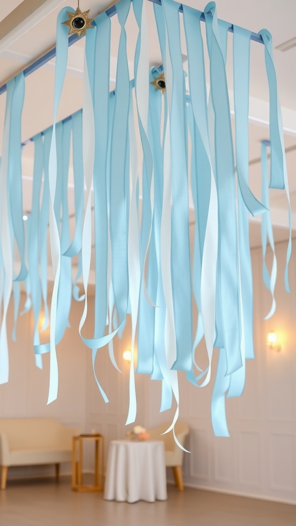 Hanging baby blue ribbons for bridal shower decoration