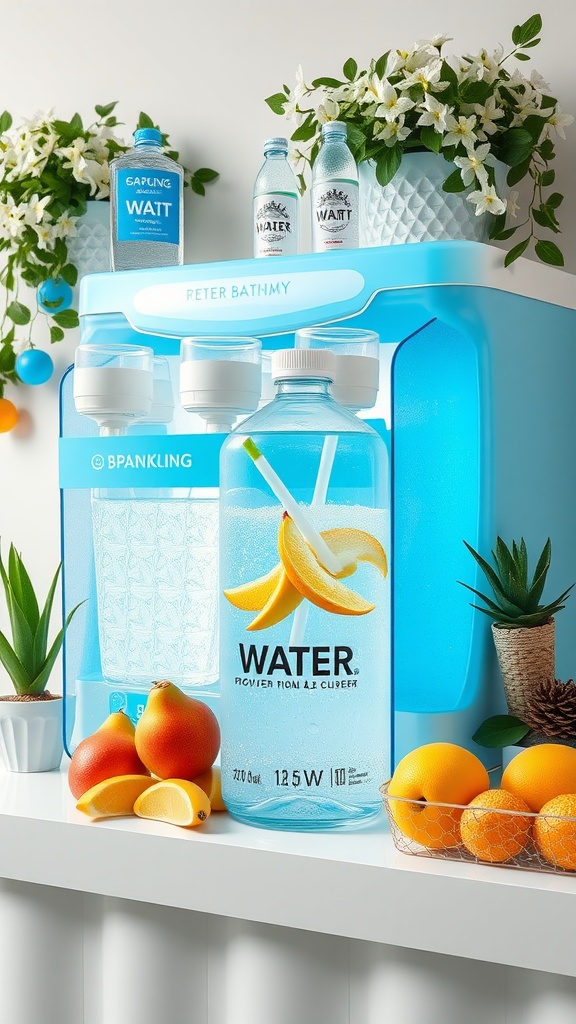 A vibrant baby blue sparkling water station with fruit garnishes and decorative elements.