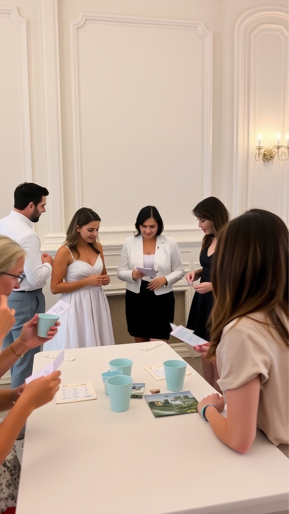 A group of people enjoying games at a bridal shower, with baby blue themed items on the table.