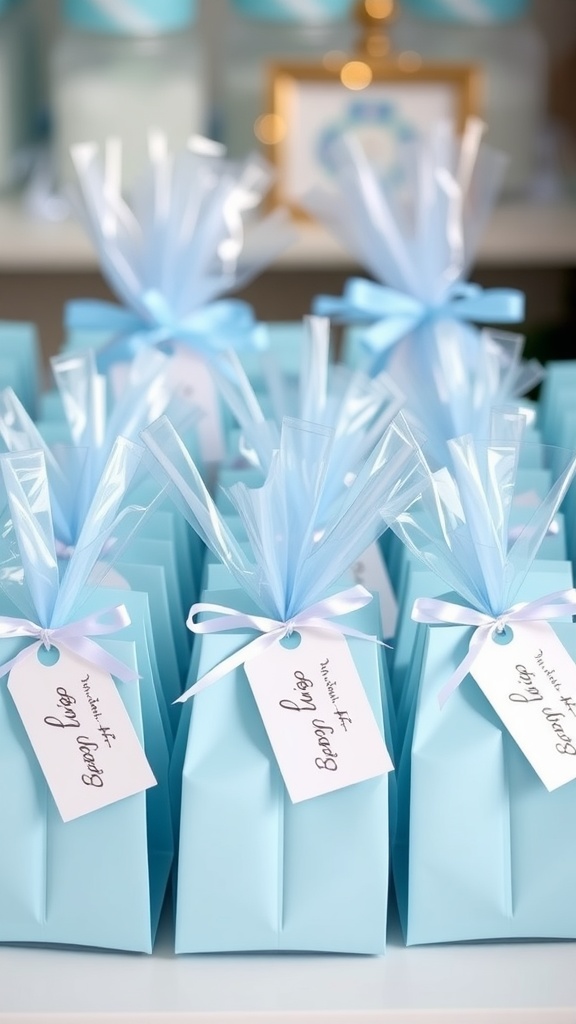 Baby blue gift bags with tags on a table.