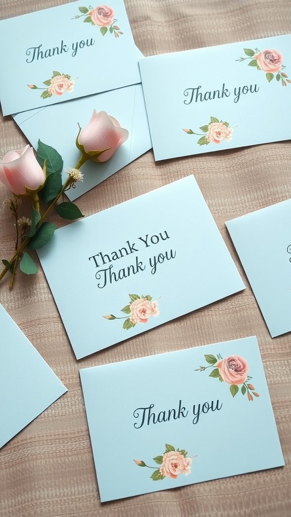 A collection of baby blue thank you cards with floral accents.