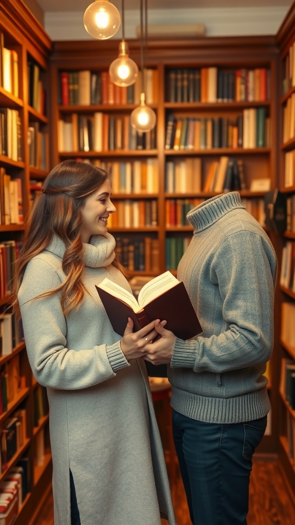 A couple in a bookstore sharing a moment while holding a book.