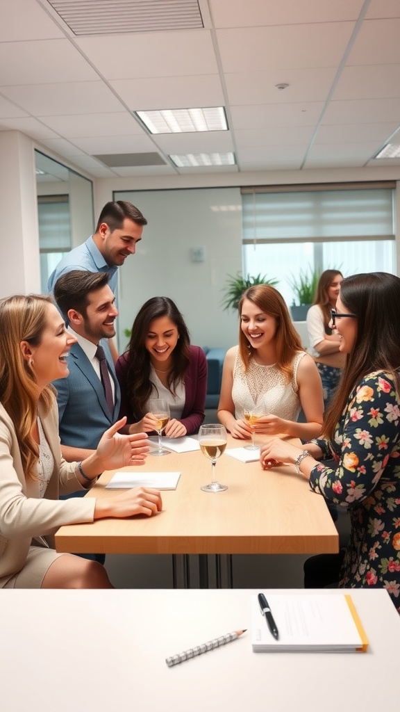 A group of people enjoying a bridal shower in an office setting, engaging in conversation and games.