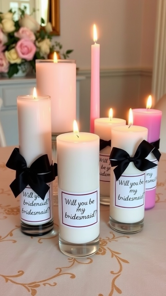 A collection of candles with labels asking 'Will you be my bridesmaid?' on a table.