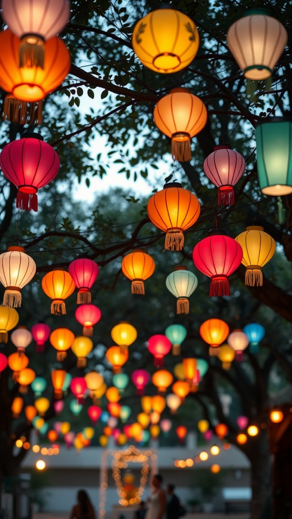 Colorful lanterns hanging from trees, creating a festive atmosphere.