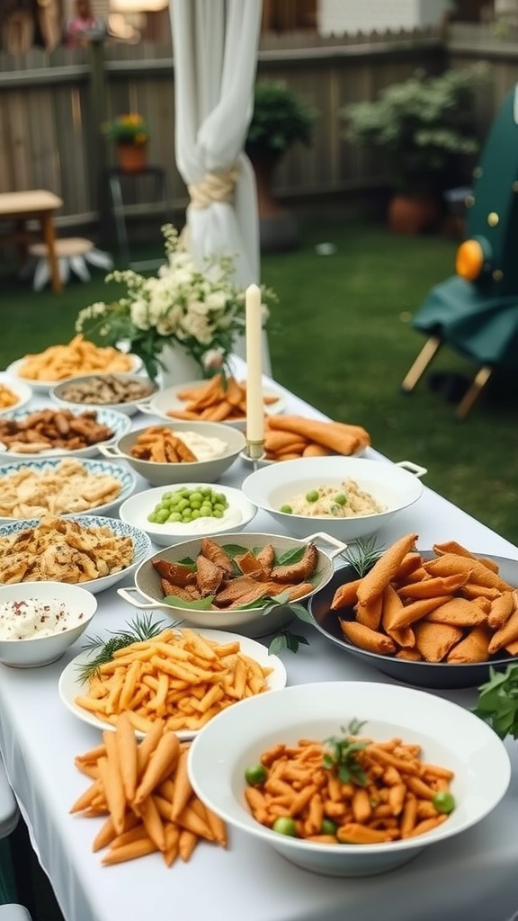 A buffet table filled with various dishes for a backyard wedding.