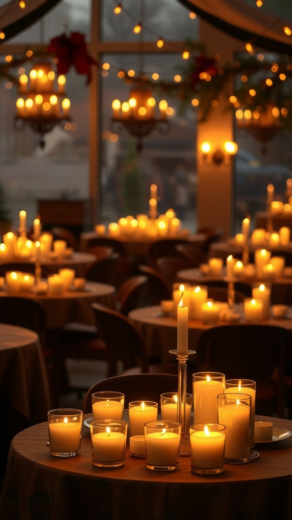 A beautifully arranged candlelit wedding reception with multiple tables and soft glowing candles.