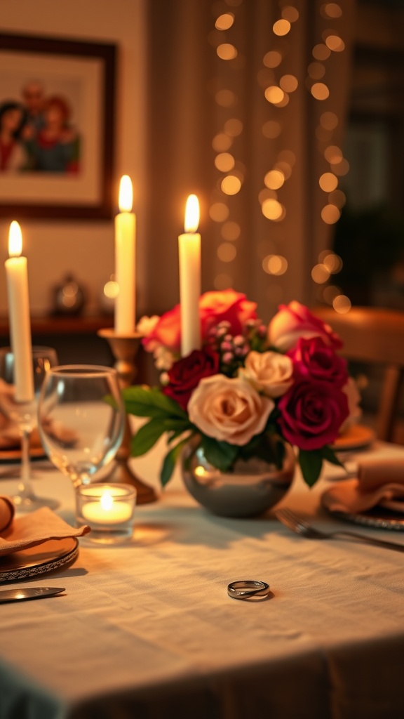 A beautifully set table with candles, flowers, and a ring, perfect for a proposal.