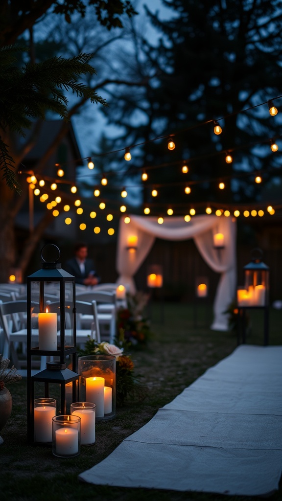 Backyard wedding setup with candles and string lights in the evening