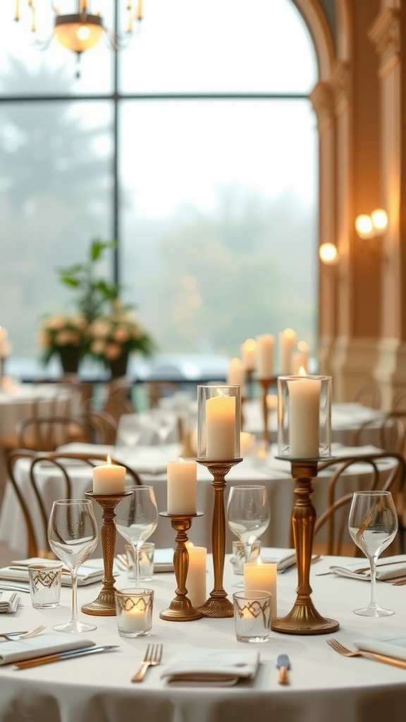 A beautifully set table with candles in traditional holders, creating a warm atmosphere.