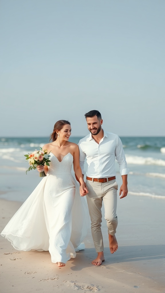 A couple walking hand in hand on a beach, showcasing casual wedding attire.