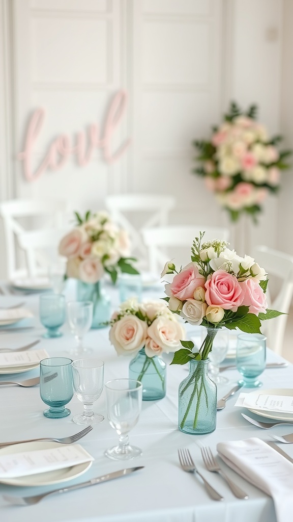 Charming baby blue centerpieces with pastel flowers and clear glass vases.