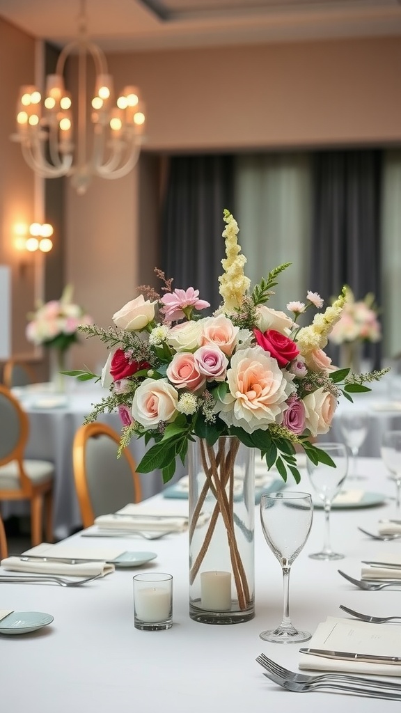 Beautiful floral centerpiece with roses and candles on an elegantly set table.