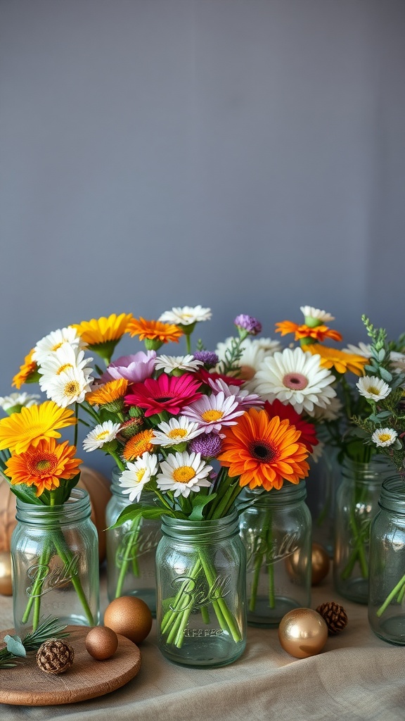 DIY floral arrangements in glass mason jars filled with colorful flowers.