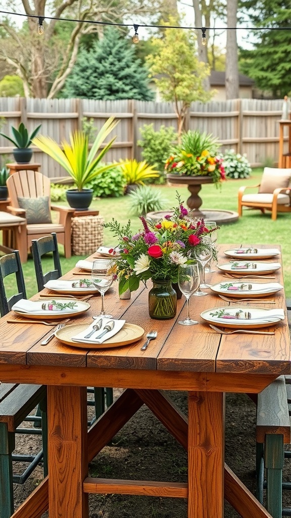 Rustic table setting for a backyard wedding reception with wooden table, floral centerpiece, and elegant tableware.
