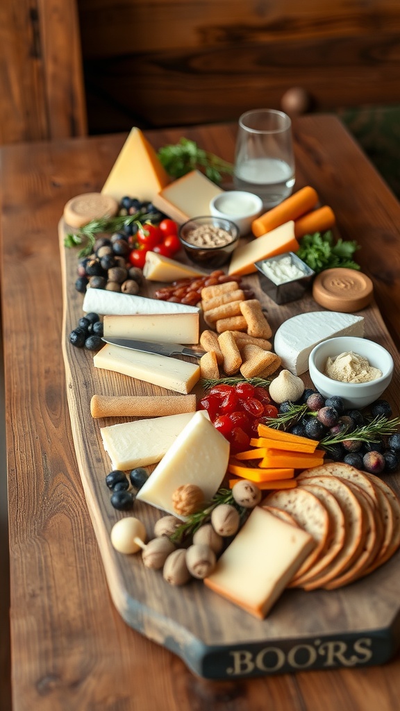 A beautifully arranged cheese and charcuterie board featuring various cheeses, fruits, nuts, and crackers.