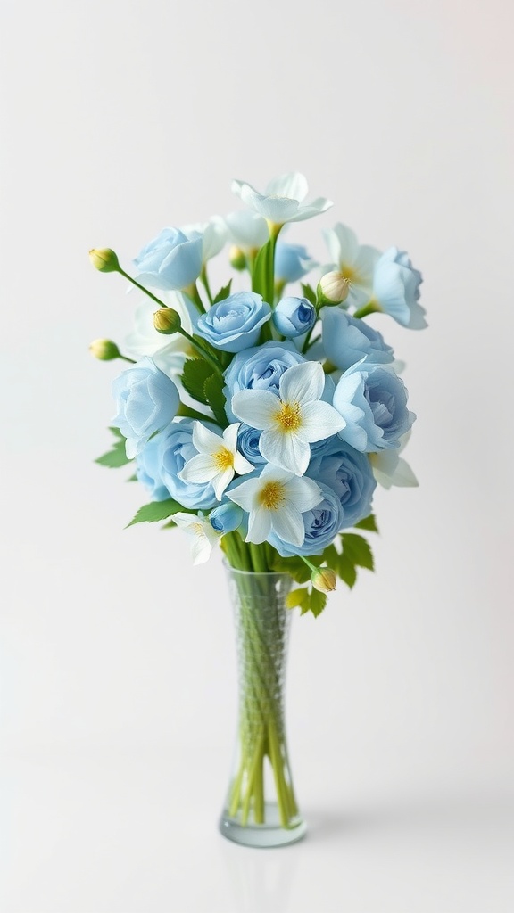 A beautiful arrangement of baby blue roses and white flowers in a clear vase.