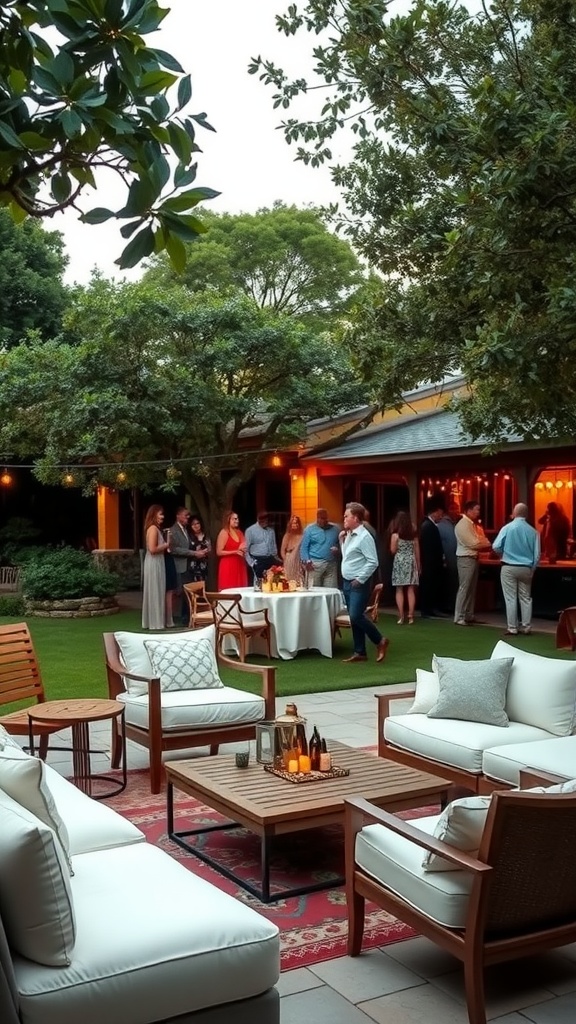 Chic lounge furniture arrangements for a backyard wedding reception