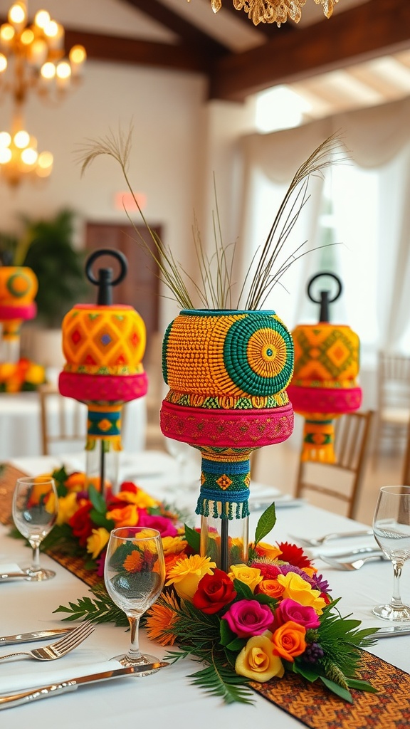 Colorful beaded centerpieces for a wedding table, adorned with flowers and greenery.