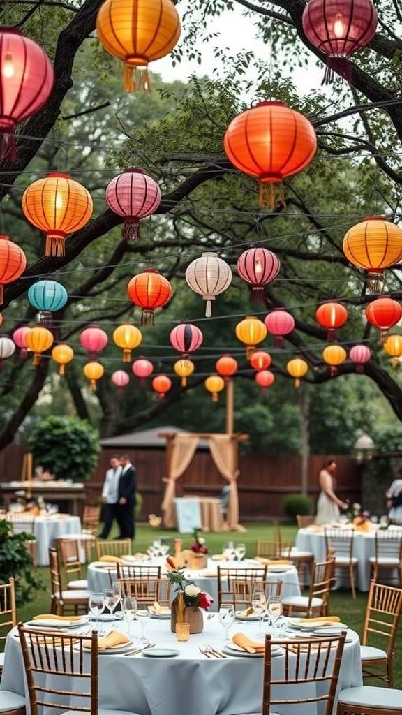 Colorful lanterns hanging from trees at a backyard wedding reception