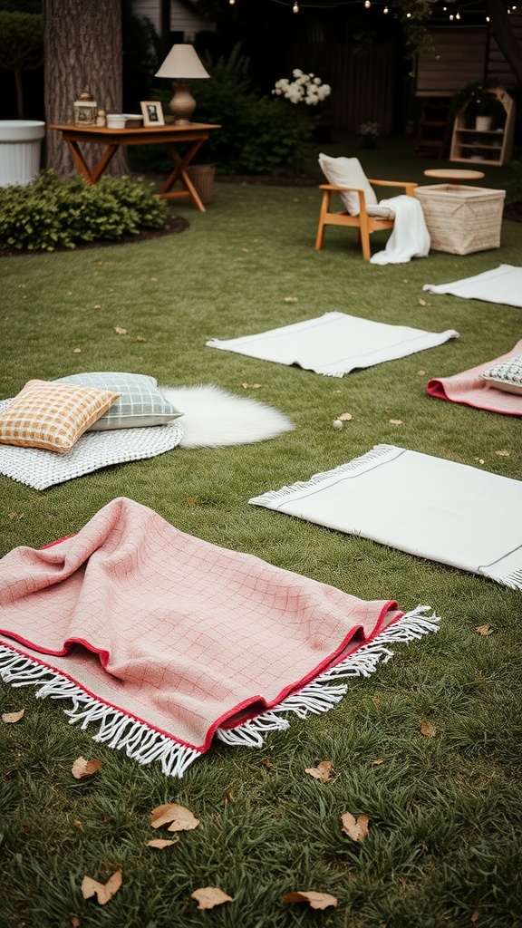 A setup of colorful blankets and pillows on the grass for a backyard wedding reception.