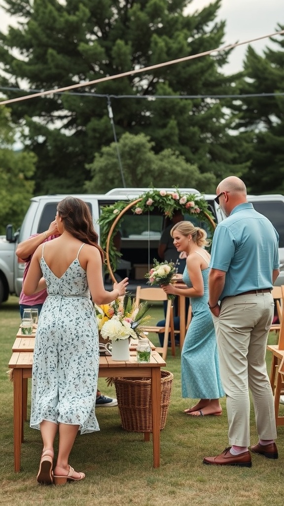 Group of friends setting up for an outdoor wedding with flowers and decorations