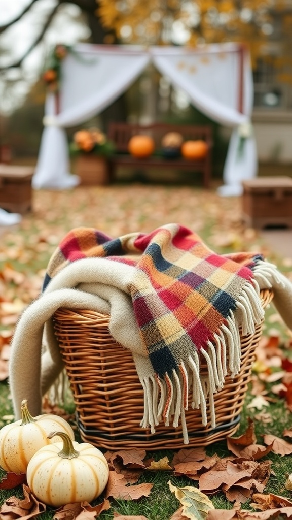 A cozy blanket station with a basket of blankets, pumpkins, and autumn leaves.