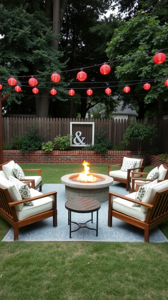 Cozy fire pit lounge area with red lanterns and comfortable seating