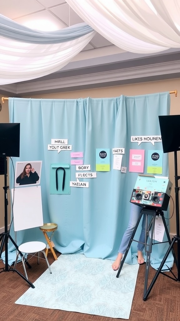 A baby blue photo booth setup featuring a backdrop and props for a bridal shower.