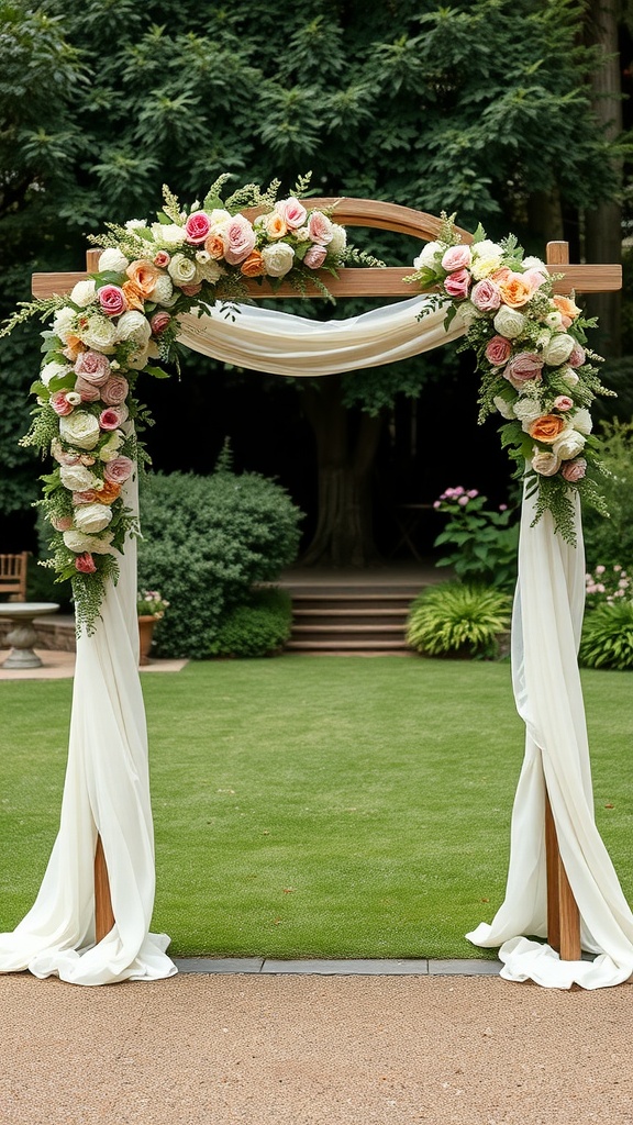 Wooden ceremony arch decorated with flowers and fabric in a backyard setting.
