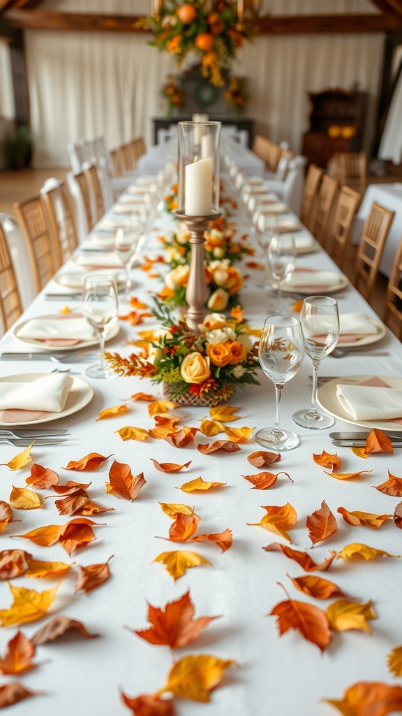 A beautifully set wedding table adorned with autumn leaves and floral arrangements.