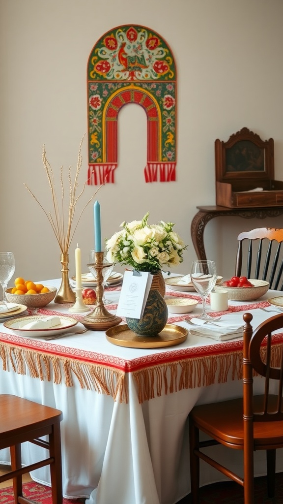 Wedding table decor featuring cultural artifacts, flowers, fruits, and a colorful tapestry.