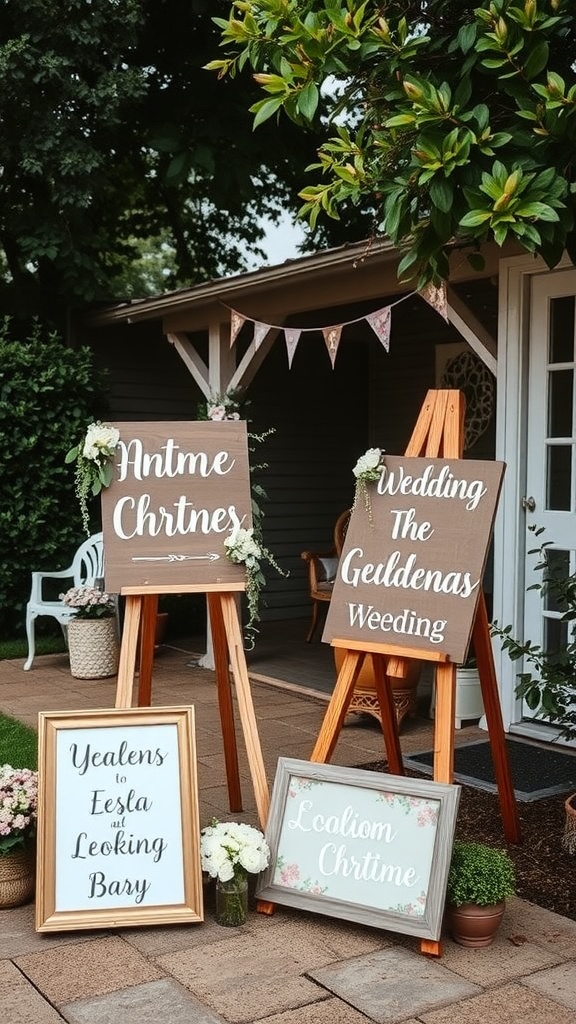 Custom wooden signage for a backyard wedding reception, featuring various signs on easels with floral accents.