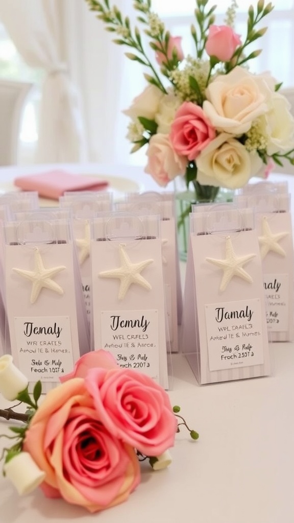 Customized beach wedding favors with starfish and floral arrangement