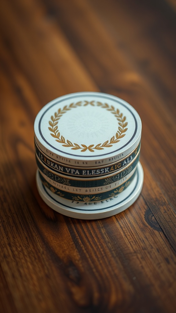 Customized coasters stacked on a wooden surface.